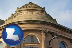 louisiana map icon and a savings bank