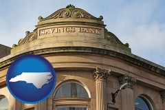 north-carolina map icon and a savings bank