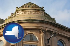 new-york map icon and a savings bank