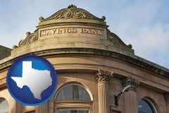 texas map icon and a savings bank