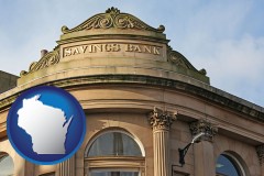 wisconsin map icon and a savings bank
